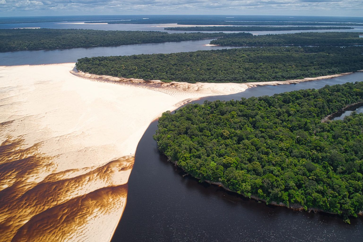 Vista aérea de um rio amazônico com bancos de areia e floresta densa ao redor.