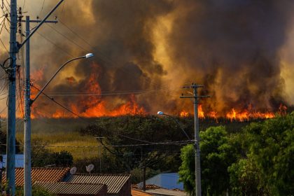 Incêndio florestal se espalha próximo a casas, com chamas e fumaça intensa.